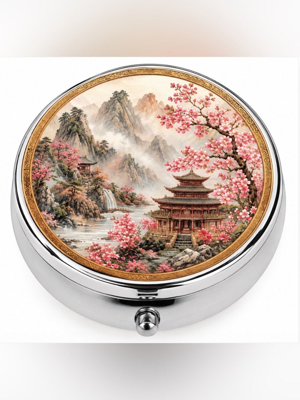 Pagoda Chinese Landscape Round Pill Organizer 3-Compartment Compact Case New